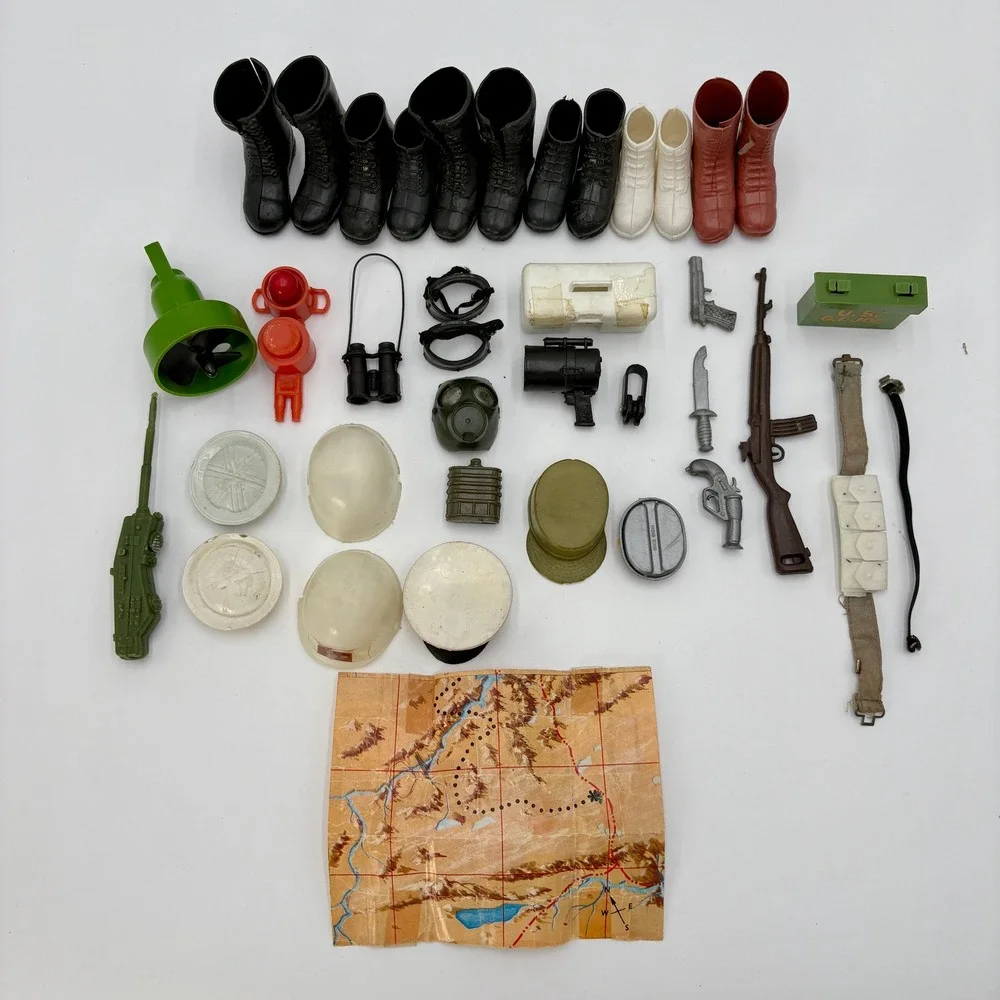 Vintage 1970s GI Joe Accessories Lot Hats Boots Weapons Map Gas Mask Replacement
